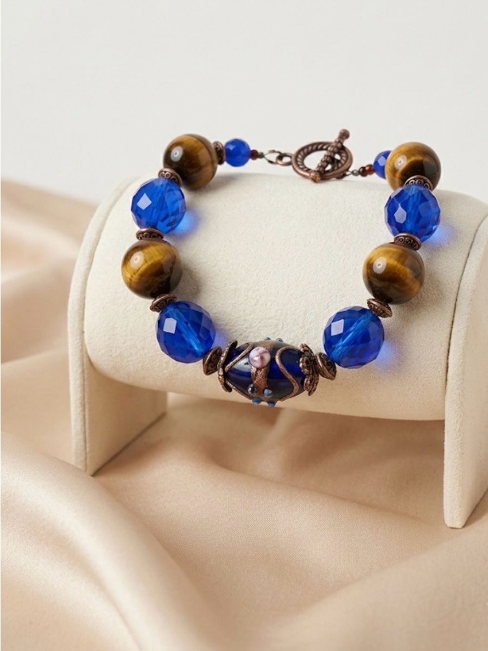 Handmade Wedding Cake, Tigers Eye & Faceted Cobalt Blue Beaded Bracelet 7” NWT